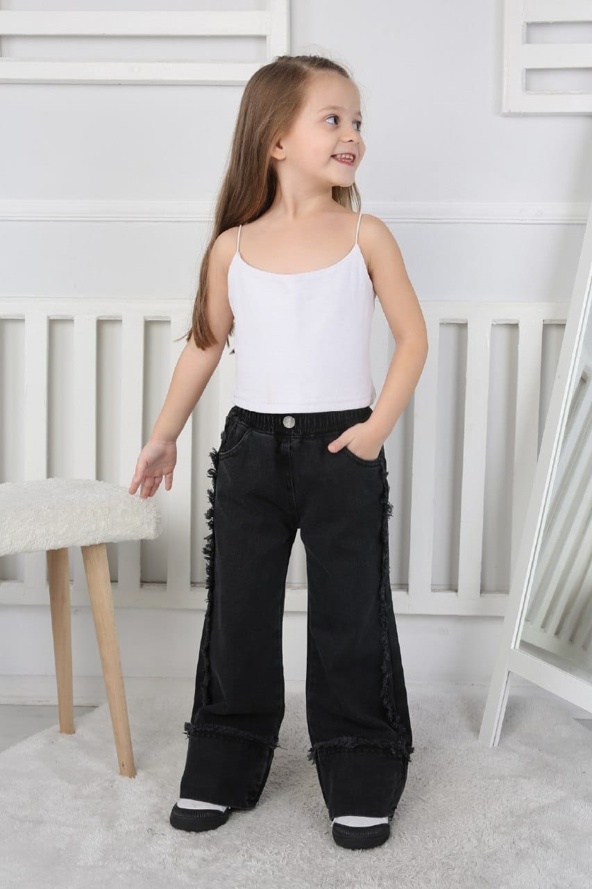 Premium Kalite Siyah Geniş Paça Jean Denim Kız Çocuk Pantolon